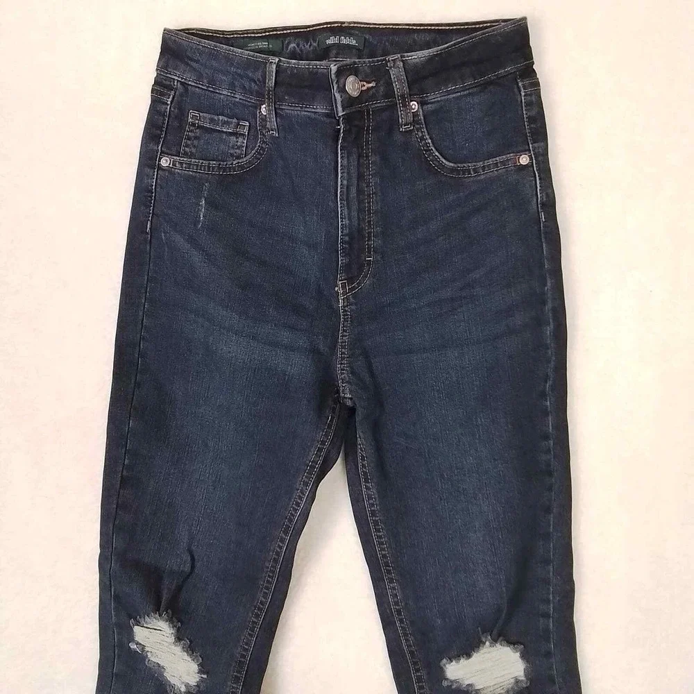 Wild Fable Highest Rise Skinny‎ Jeans Sz 4 Dark Wash Distressed Raw Hem Stretch